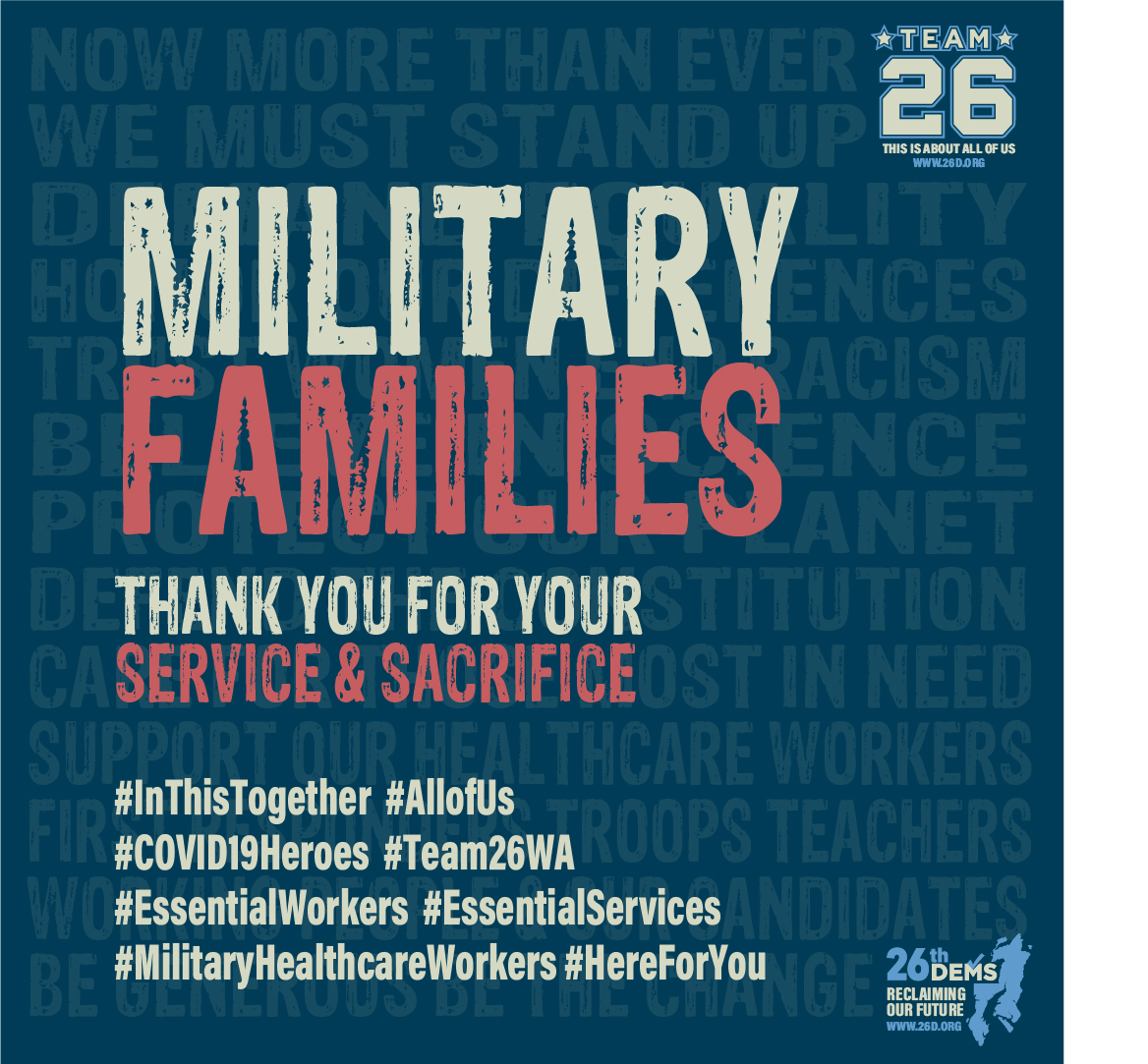 MILITARY FAMILIES Thank you for your service and sacrifice Our military families deserve special appreciation in these dark and uncertain days. We see you in the states setting up emergency COVID19 hospitals and heeding the call for retired healthcare workers to return to service. We also see the National Guard doing their part in communities […]